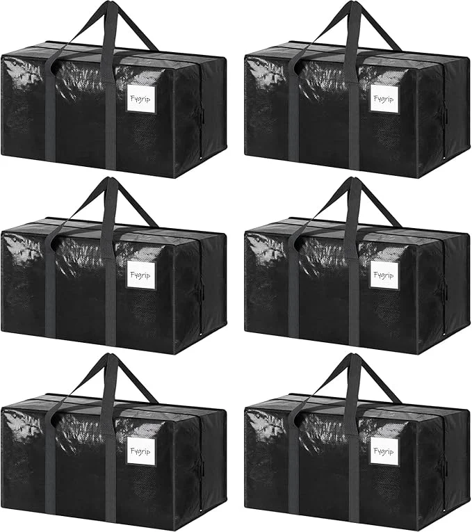 Authentic 6 Pack Extra Heavy Duty Large Moving Bags with Strong Zipper Comfortable Handles Sturdy Durable Clothes Storage Bags Totes Bins Packing Moving Boxes for College Supplies BlackAbout ThisOverview Easy-to-Use