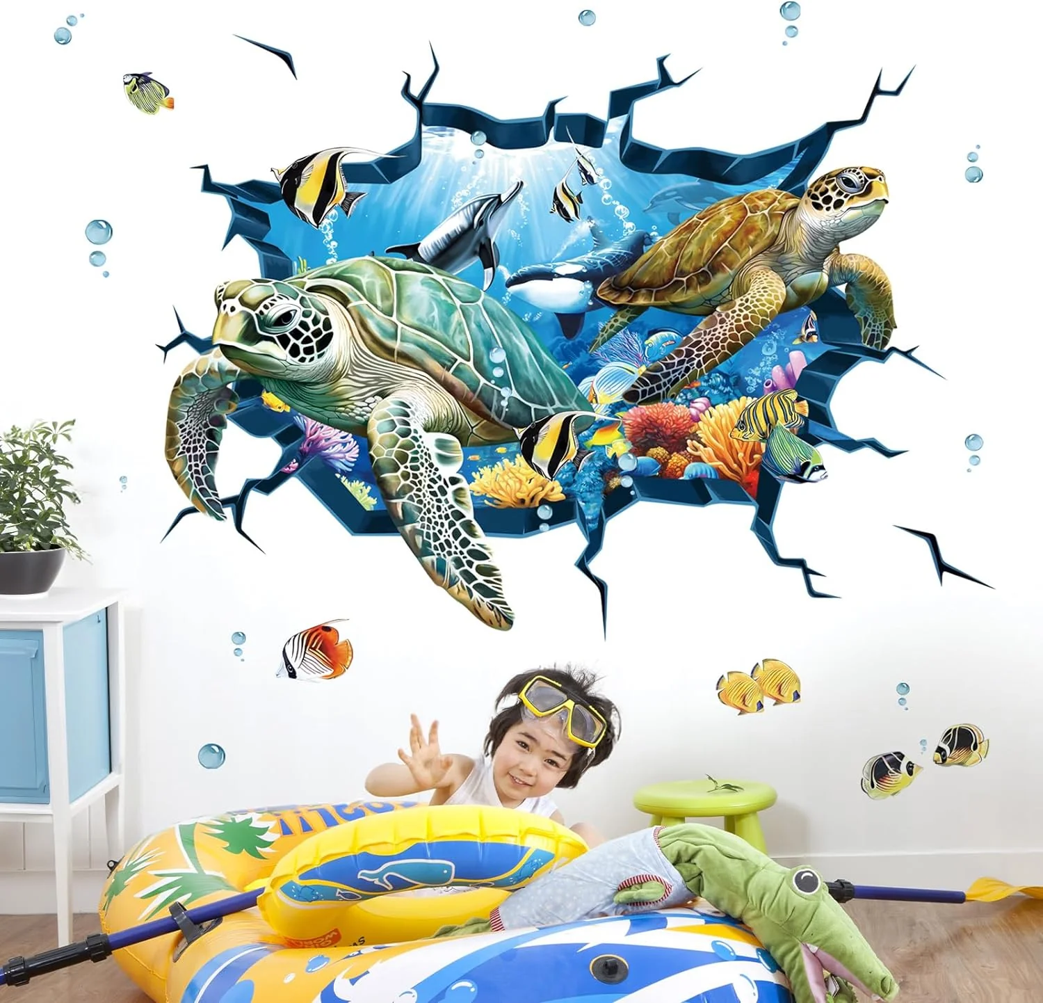 Versatile decalmile 3D Under The Sea Turtle Wall Decals Underwater Ocean Fish Broken Wall Stickers Kids Bedroom Living Room Bathroom Wall Decor Selected