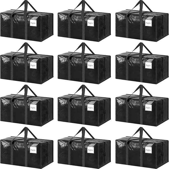Unique 12 Pack Extra Heavy Duty Large Moving Bags with Strong Zipper Comfortable Handles Sturdy Durable Clothes Storage Bags Totes Bins Packing Moving Boxes for College Supplies BlackAbout ThisOverview Original Design