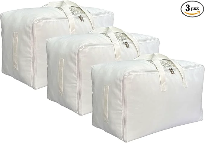 Casual Soft Large Canvas Comforter Storage Bags with Four Carrying Handles and Clear Window Closet Organizer for Clothing Blankets Sheets Pillows and Bedding 80L 3 Pack WhiteAbout ThisOverview Enhanced
