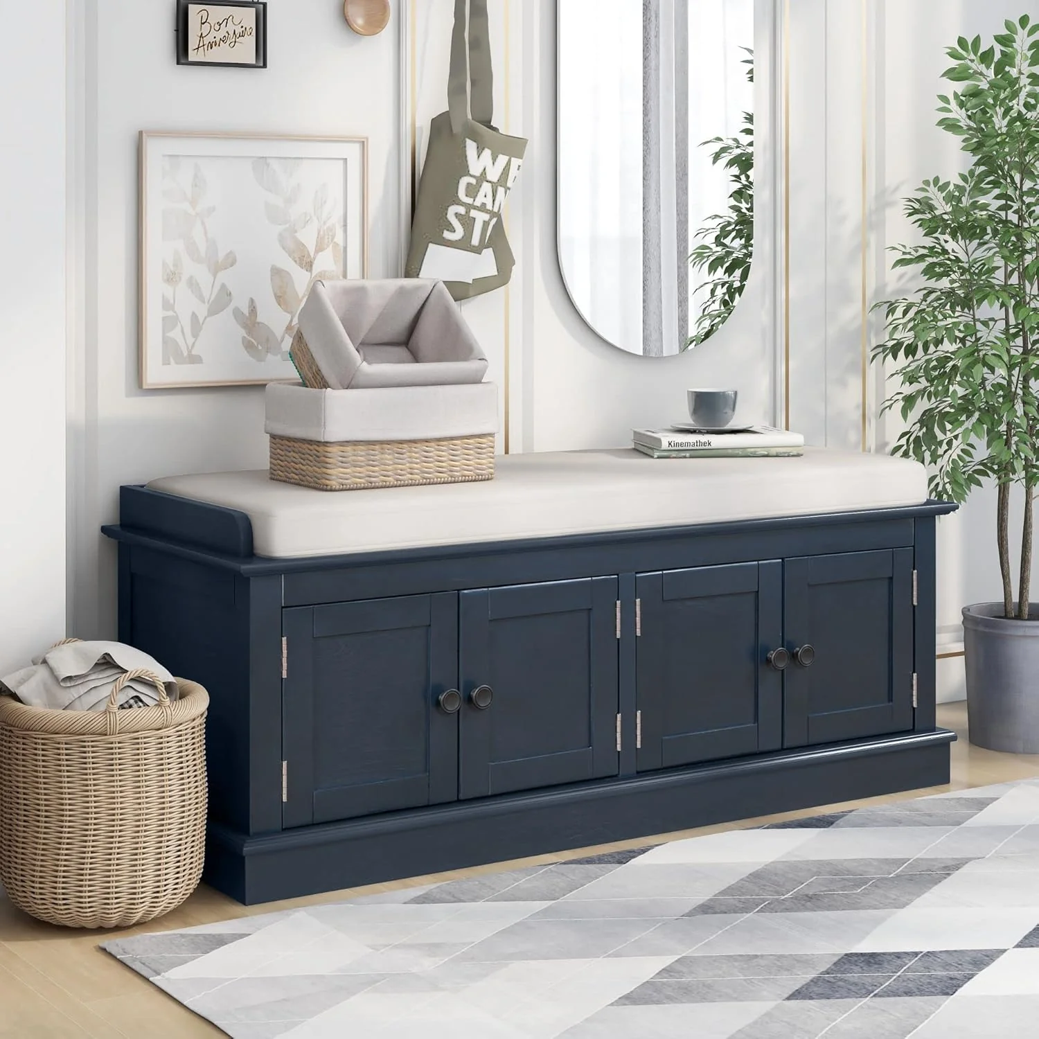 Clean Storage Bench with 4 Doors and Adjustable Shelves Shoe Bench with Removable Cushion for Living Room Entryway 42.7 L x 16 W x 17.4 H Antique Navy Breathable