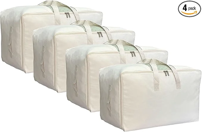Elegant Soft Large Canvas Storage Bags with Zipper and Clear Window Cotton Linen Storage for Pillows Quilt Blankets and Comforter 80L 4 Pack BeigeAbout ThisOverview Effective