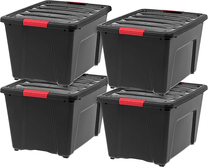 Advanced IRIS USA 51 L 54 QT Plastic Storage Box with Lid and Latches - 4 Pack - BPA- Garage Organizing Solution Durable Nestable Stackable Containers Secure Pull Handle - BlackAbout ThisOverview Top-Quality