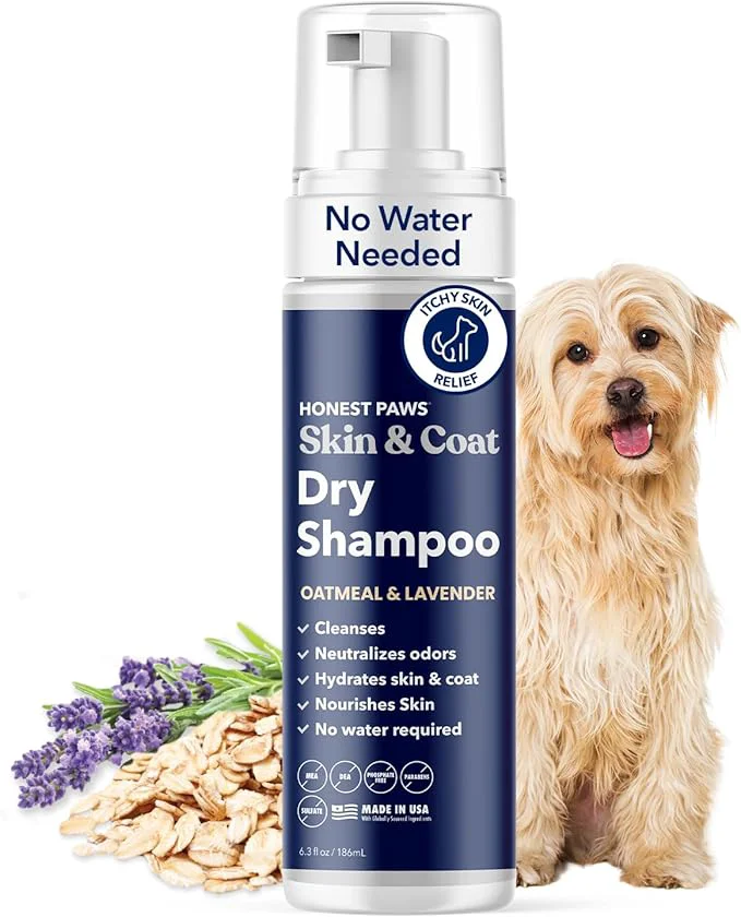Versatile Honest Paws Dog Dry Shampoo - Waterless No Rinse Foaming Formula Reducing Itch Cleanse Hydrate Nourish Dry Skin and Smelly Coat Help Decrease Odor Shedding and Allergies - Oatmeal Lavender - 6.3 ozAbout ThisOverview Refined