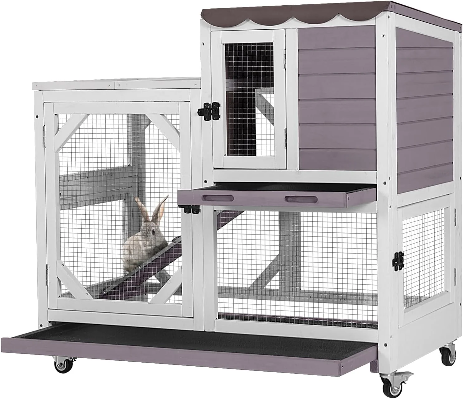 Unique GUTINNEEN Rabbit Hutch Indoor Outdoor 2 Story Bunny House on Wheels Wood Rabbit Cage with 2 Pull Out Trays Guinea Pig Cage Gray Efficient