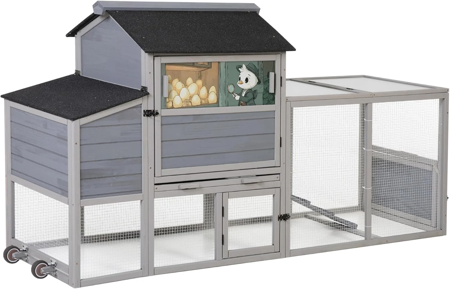 Sustainable COZIWOW 82 Large Wooden Chicken Coop Outdoor Rabbit Hutch with Wheels Sunshine Board Asphalt Roof Ramp Openable Top Door Window Pull-Out Tray Indoor Bunny Cage Gray with Pattern Long-Lasting