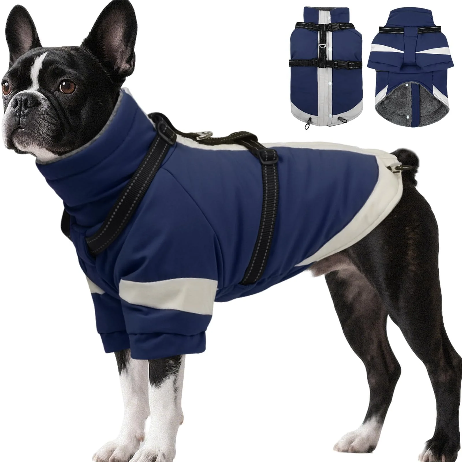 Recyclable MORVIGIVE Dog Winter Coat with Built-In Harness - Navy Small Dog M Turtleneck Water-Repellent Breathable