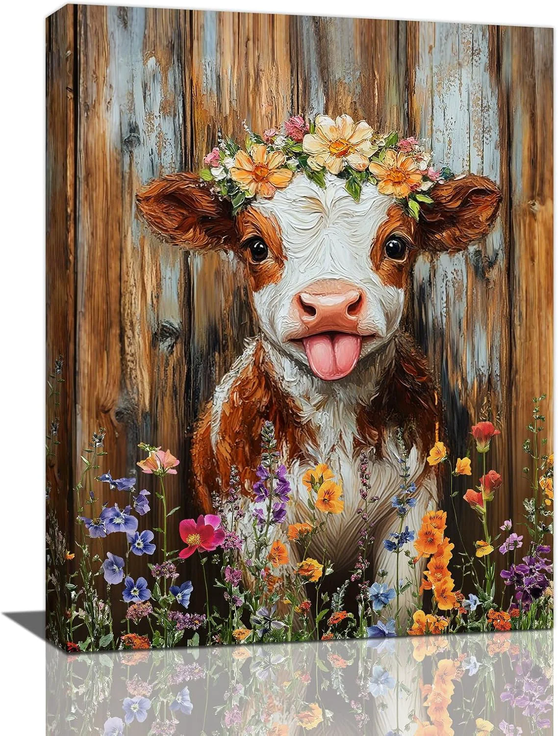 Organic Funny Cow Bathroom Pictures Wall Art Rustic Brown Cute Cow Bathroom Wall Decor Farmhouse Floral Framed Painting Animal Flower Canvas Artwork for Bedroom Living Room Decorations 20 L x 16 W Practical