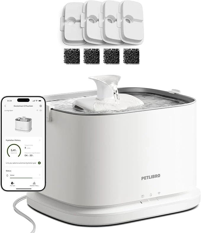 Advanced PETLIBRO Upgrade Cat Water Fountain 4 Packs Cat Fountain Filter Dockstream 2 Smart App Monitoring 5G WiFi Auto Cat Fountain Stainless Steel Tray for Drinking 3L 101ozAbout ThisOverview Solid