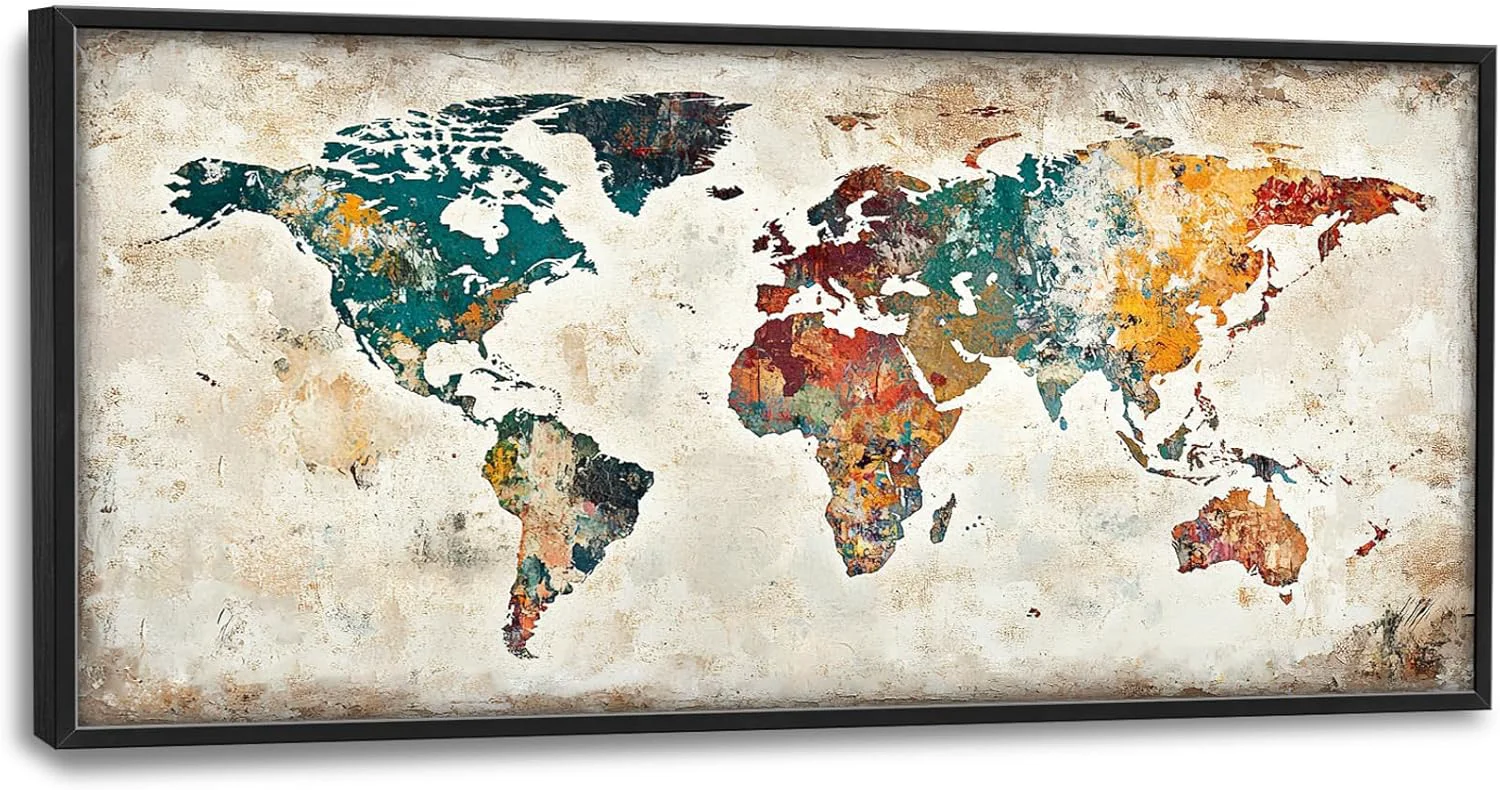 Outstanding Extra Large Framed World Map Wall Art Oversized Colorful Vintage Nautical Map Wall Decor Pictures for Living Room Canvas Print Painting Modern Artwork Office Bedroom Home Decor 60L x30W Powerful