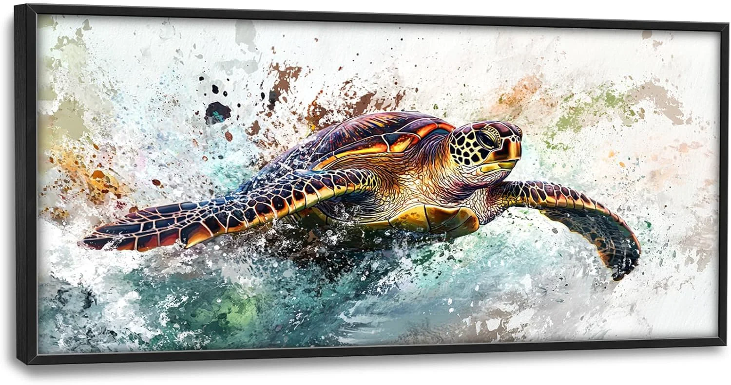 Detailed Extra Large Framed Sea Turtle Wall Art Oversized Abstract Colorful Sea Nautical Wall Decor Pictures for Living Room Canvas Print Painting Modern Artwork Bedroom Office Bathroom Home Decor 60L x30W Consistent
