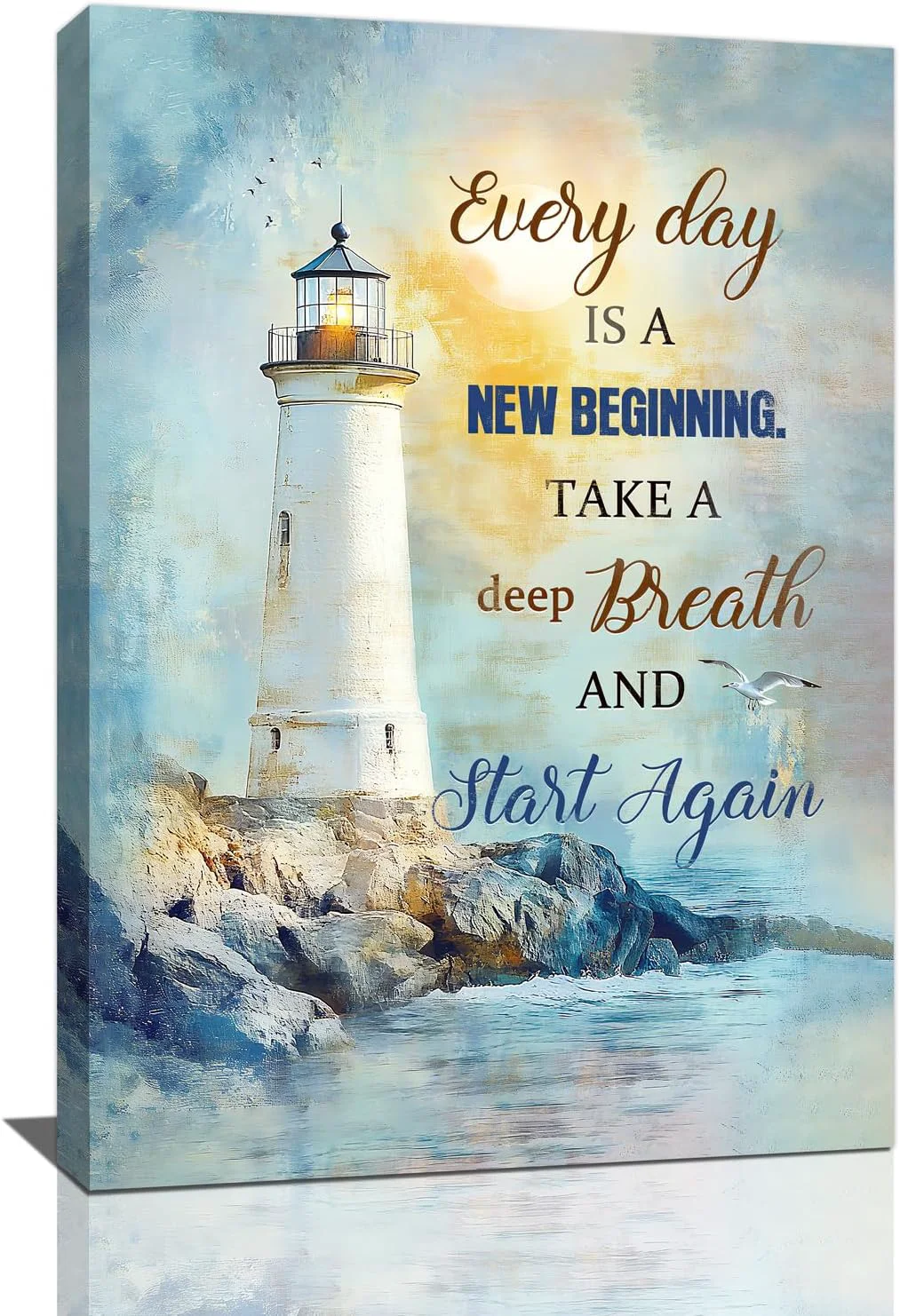 First-Class Ocean Lighthouse Pictures Wall Art Coastal Nautical Bathroom Wall Decor Every Day is a New Beginning Motivational Quote Framed Painting Canvas Artwork for Bedroom Living Room Decorations 24 L x 16 W Specialty