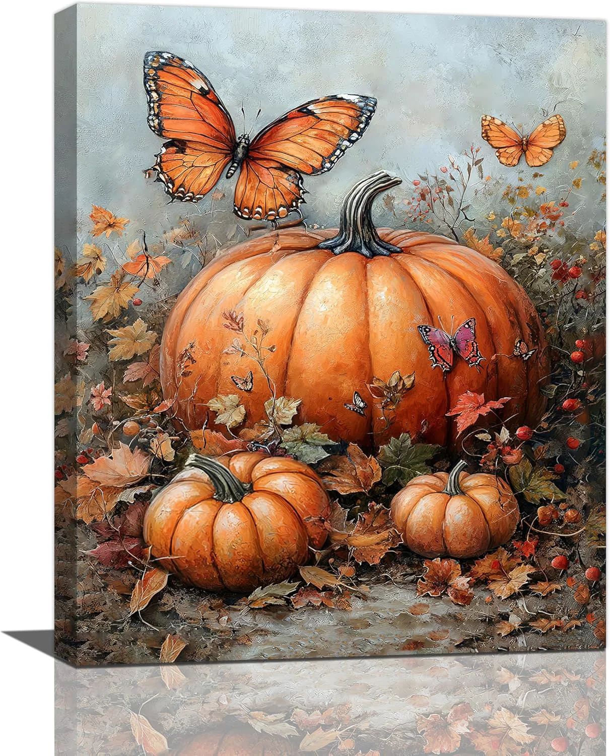 Genuine Fall Pumpkin Pictures Wall Art Rustic Thanksgiving Bathroom Wall Decor Farmhouse Autumn Butterfly Framed Painting Canvas Artwork for Harvest Gift Bedroom Living Room Decorations 20 L x 16 W Healthy