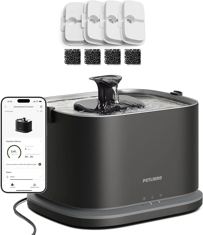 Luxury PETLIBRO Upgrade Cat Water Fountain 4 Packs Cat Fountain Filter Dockstream 2 Smart App Monitoring 5G WiFi Auto Cat Fountain Stainless Steel Tray for Drinking 3L 101ozAbout ThisOverview Lightweight