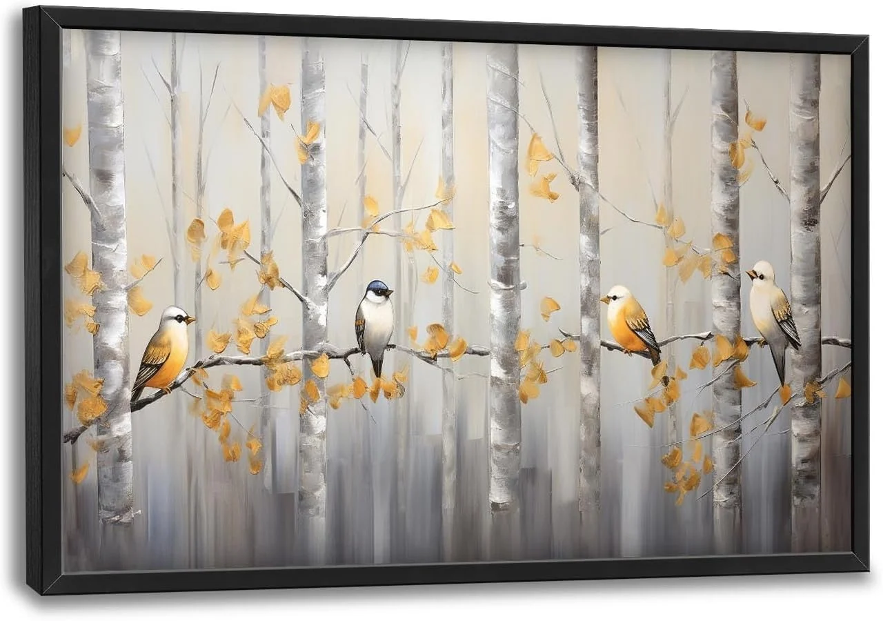 Professional Quorin Bird Large Wall Art Abstract Forest Birds Pictures Wall Decor Yellow Woods Branches Tree Canvas Print Painting Artwork for Bathroom Living Room Bedroom 36L x 24W Recyclable