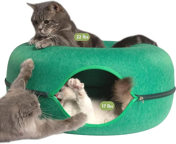 Breathable Cattasaurus Peekaboo Cat Cave Donut for Multiple Large Cats up to 30-45 lbs 3-in-1 Self Warming Cat Bed Tunnel Scratcher for Indoor Cats Washable Detachable Dog Bed Forest Green Large About ThisOverview Original Design