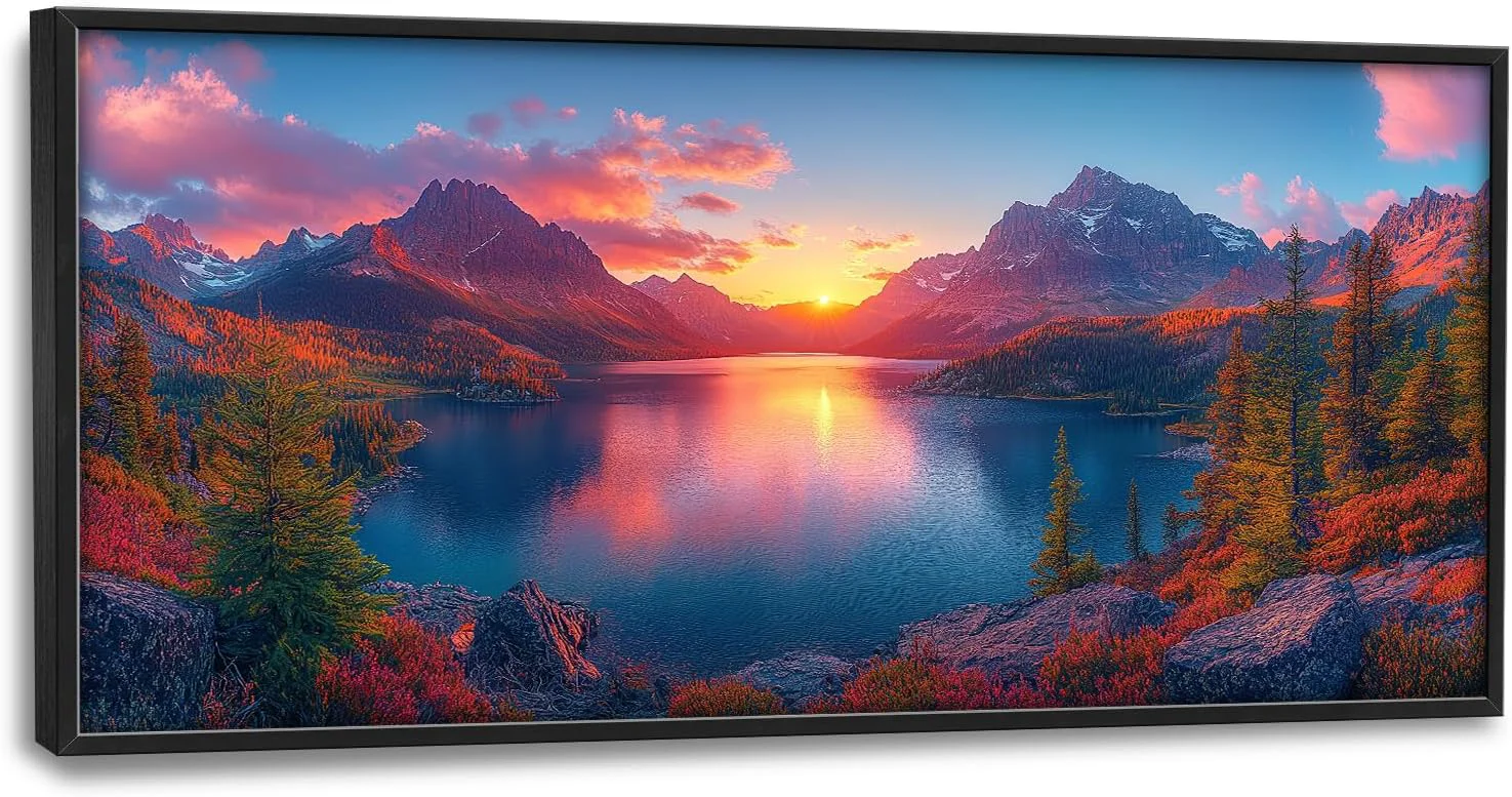 Versatile Large Lake Mountain Landscape Wall Art for Living Room Nature Sunrise Canvas Oversized Wall Decor River Forest Scenery Framed Pictures Painting Print Artwork for Bedroom Office 60 L x 30 W Genuine