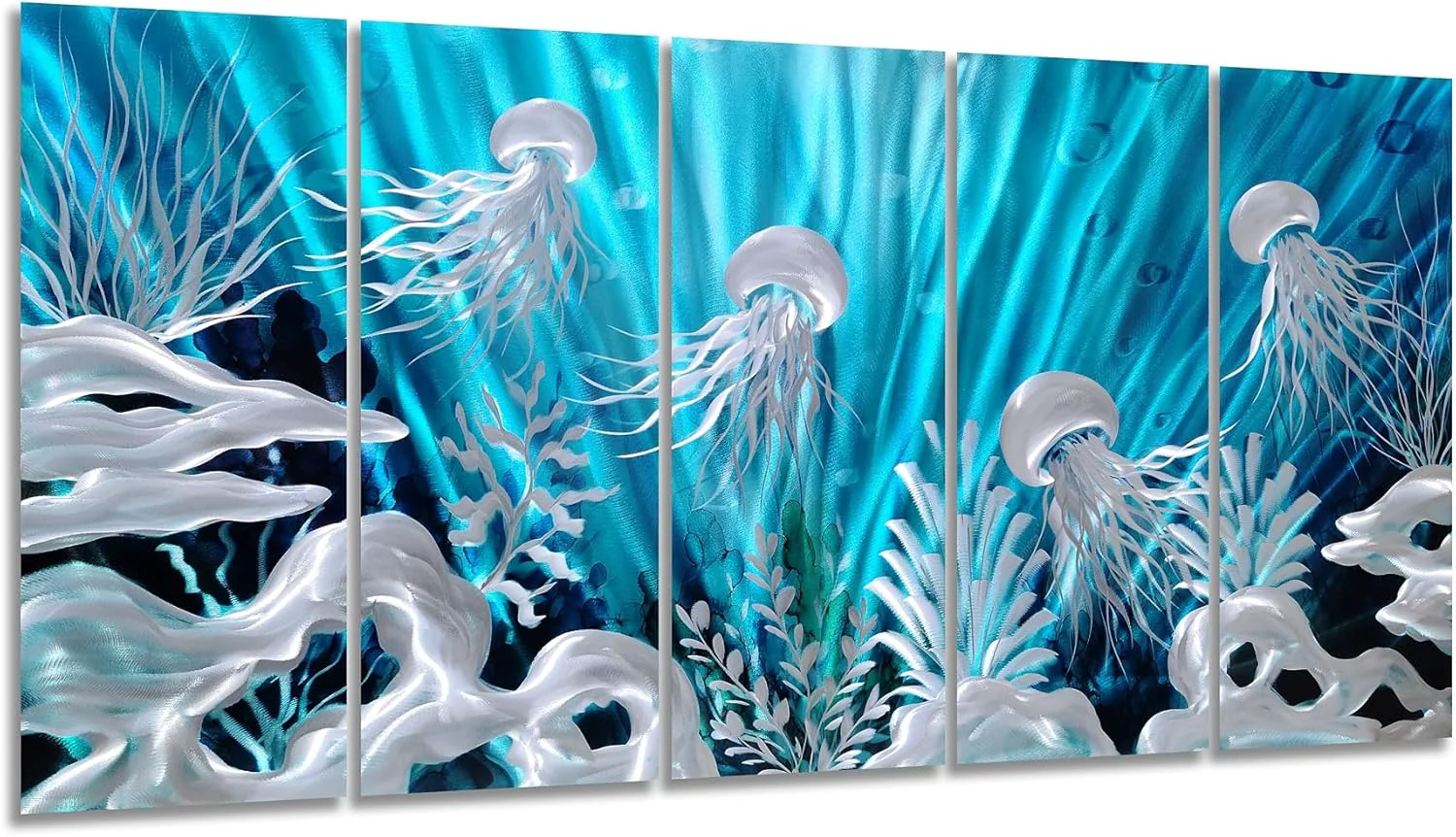 Green SYGALLERIER Jelly Fish Large Metal Wall Art Hand Grind Aluminum Artwork 3D Undersea World Coastal Pictures Nautical Decor for Living Room Bedroom Minimalist