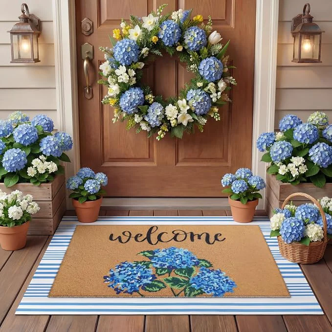 Fast Tinideya 2 Pcs Hydrangea Door Mat Blue and White Stripe Welcome Non Slip Flower Selected