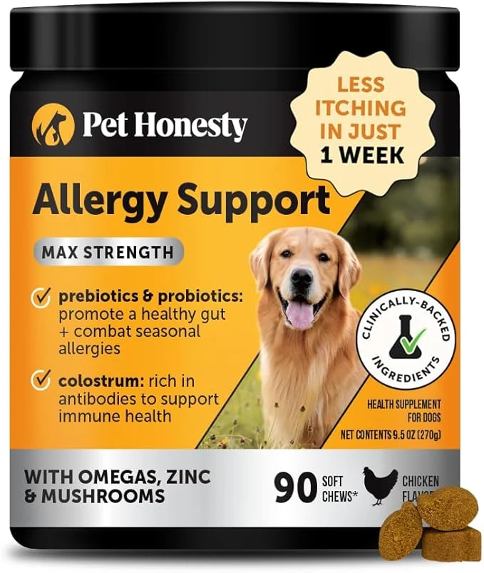 Dog Allergy Itch Relief Max Strength Chews – Probiotic Supplement for Dogs with Colostrum Omega Fatty Acids – Supports Seasonal Allergy Relief Healthy Skin Coat Immune System Chicken 90ct About This Carefully Designed