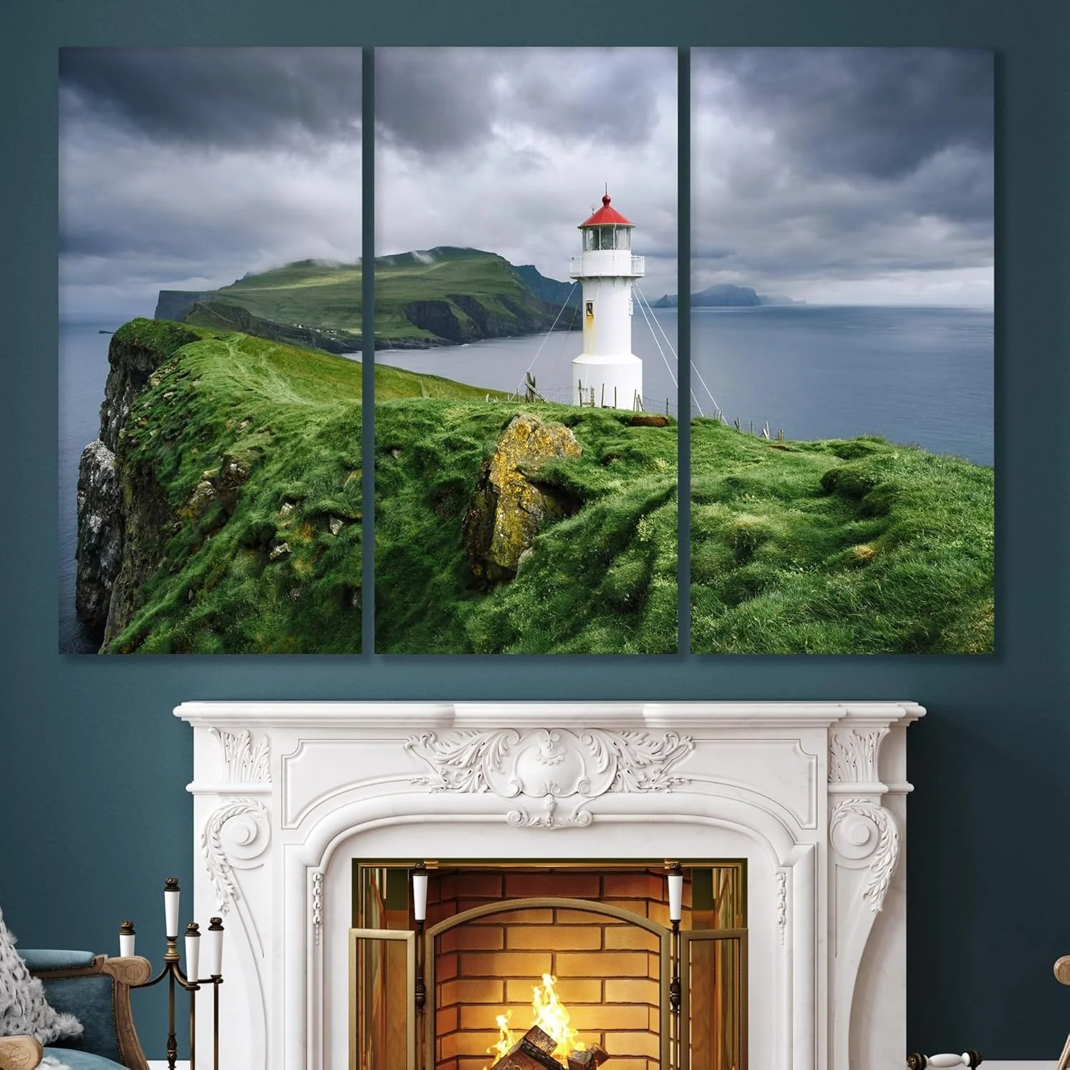 Genuine Nature Wall Art Prints - Ocean Forest Mountain Lake Canvas Landscapes - Small to Extra Large Living Room Bedroom Kitchen Bathroom Décor Stormy Sky Lighthouse 55L x 83W - 3 Panels Outstanding