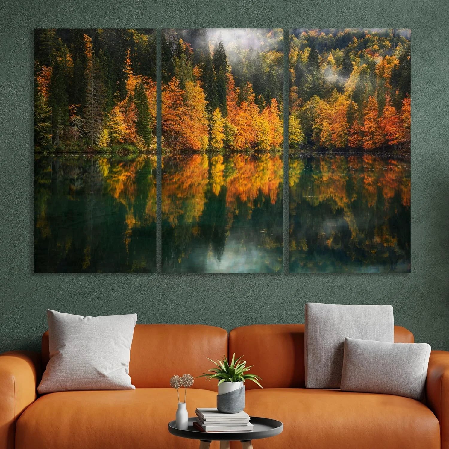 Long-Lasting Nature Wall Art Prints - Ocean Forest Mountain Lake Canvas Landscapes - Small to Extra Large Living Room Bedroom Kitchen Bathroom Décor Autumn by the Lake 47L x 71W - 3 panels Professional