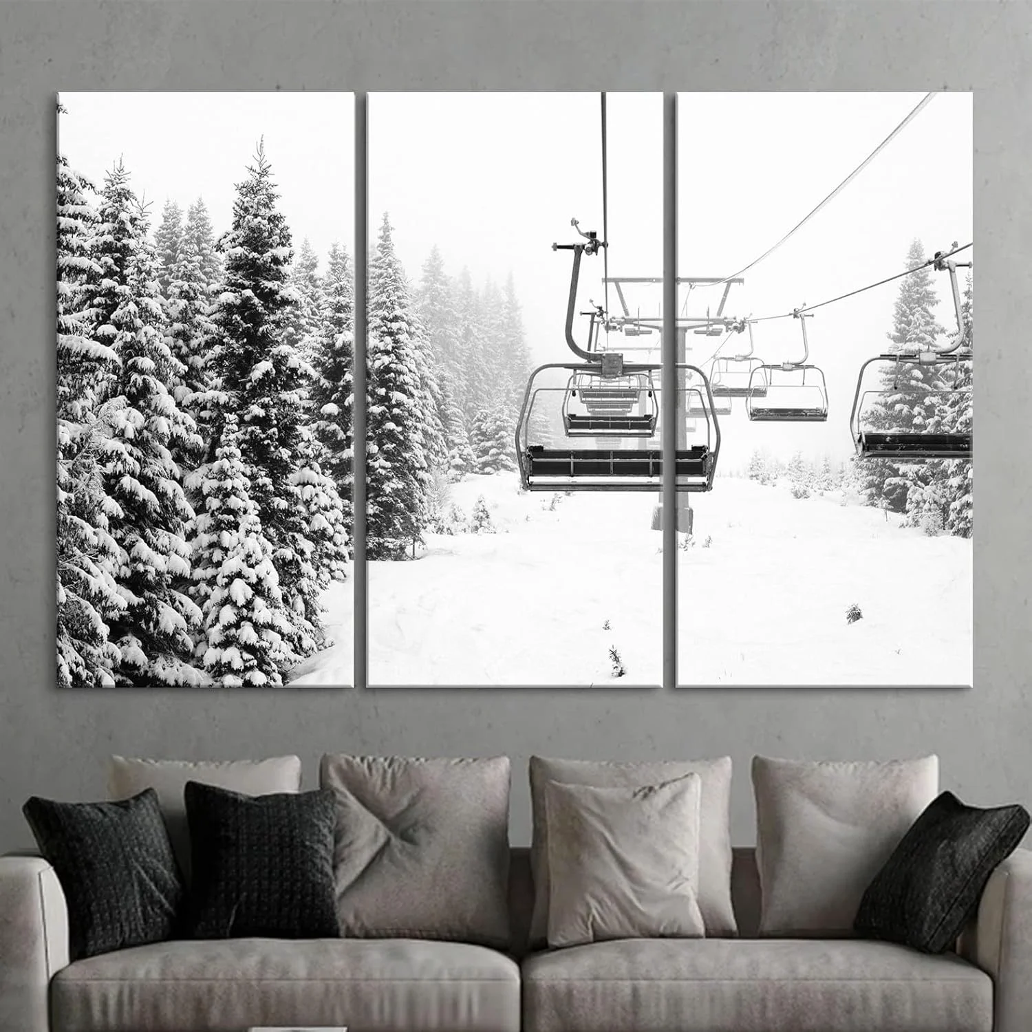 Functional Nature Wall Art Prints - Ocean Forest Mountain Lake Canvas Landscapes - Small to Extra Large Living Room Bedroom Kitchen Bathroom Décor Ski Lift on Snowy Mountain 47L x 71W - 3 panels Modern