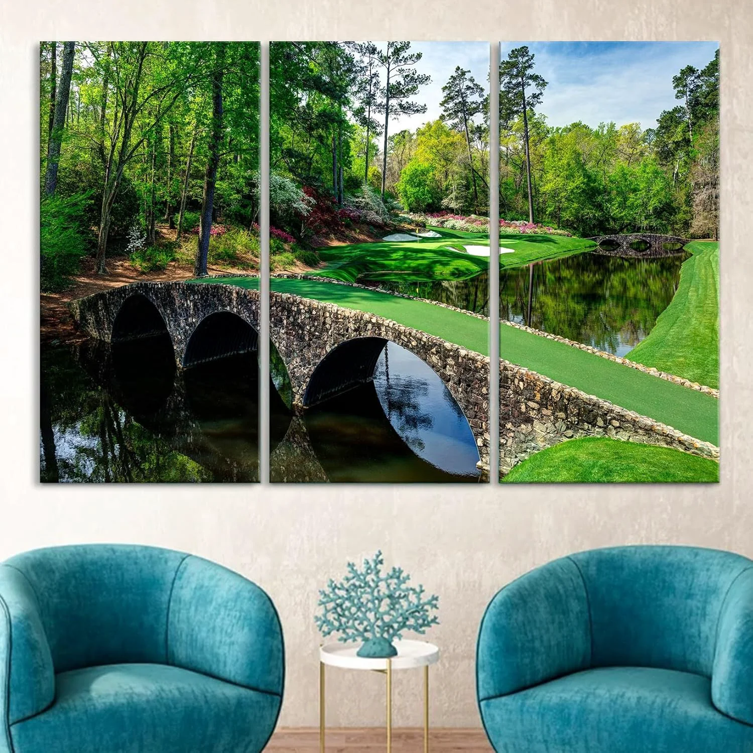 Reliable Nature Wall Art Prints - Ocean Forest Mountain Lake Canvas Landscapes - Small to Extra Large Living Room Bedroom Kitchen Bathroom Décor Golf Course with Stone Bridge 31L x 47W - 3 Panels Comfortable