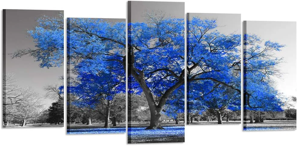 Premium KREATIVE ARTS Canvas Print Wall Art Painting Contemporary Blue Tree In Black And White Style Fall Landscape Picture Modern Giclee Stretched And Framed Artwork XLarge Size 80x40inch Professional