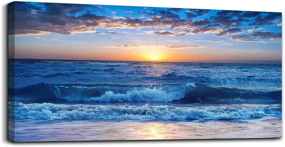 Official Canvas wall art for living room Blue Ocean Sea sun landscape painting bathroom Wall Decor Ready to Hang for Home Decorations office family bedroom kitchen Works canvas Prints pictures 30 x 60 inch Practical