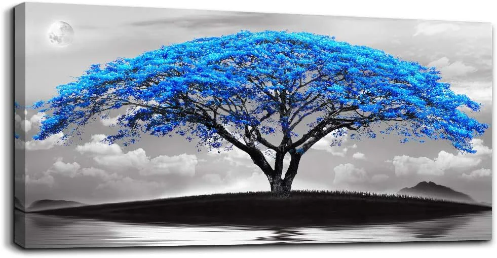 Advanced canvas wall art for living room bathroom Wall Decor Black and white landscape Blue tree moon painting to Hang Home Decorations for office bedroom kitchen Works canvas Prints pictures 20 x 40 inch Healthy