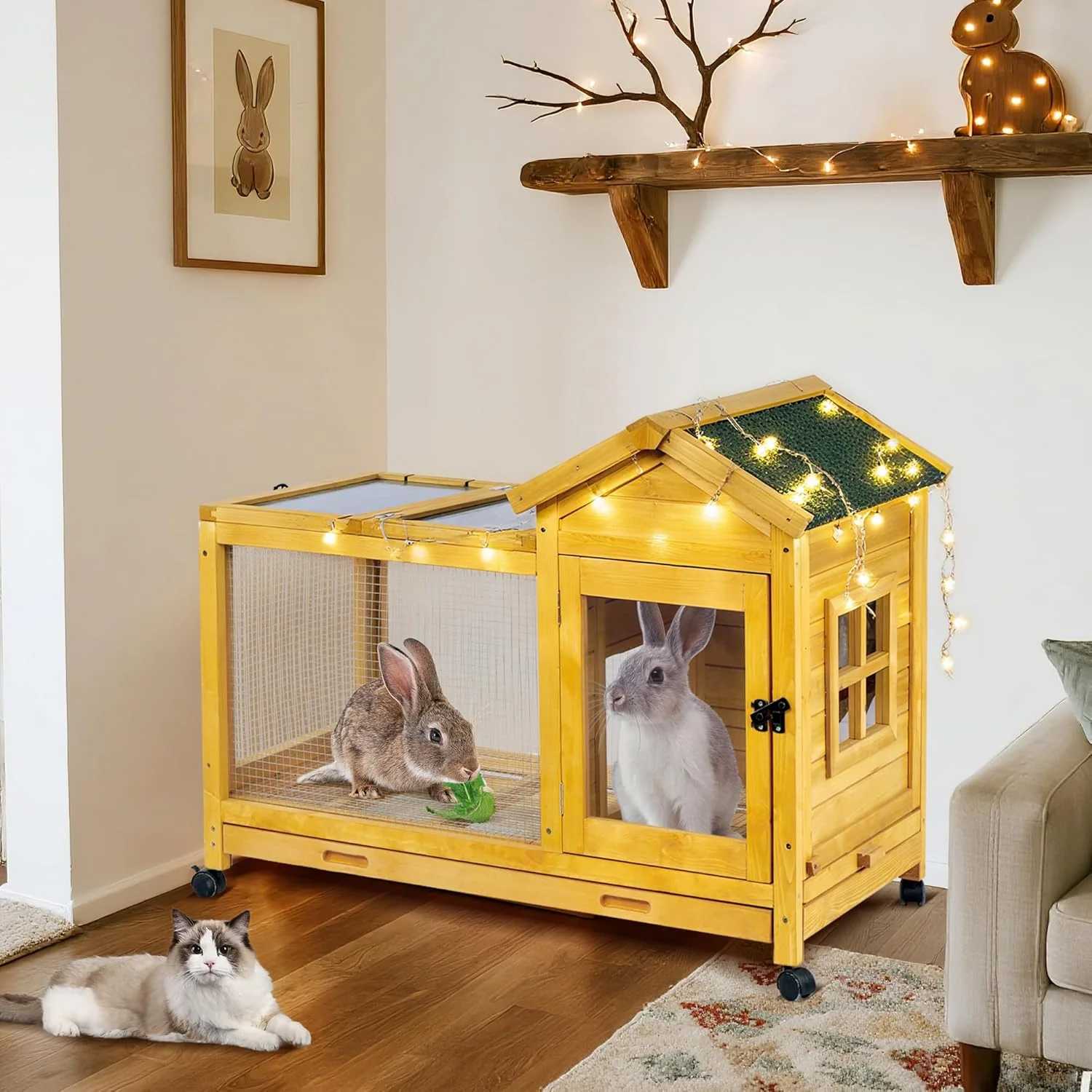 Convenient Wooden Rabbit Hutch with Waterproof Roof Outdoor Indoor Bunny Cage with Removable Slide-Out Bottom Tray Chewproof Rabbit cage for Small-Medium Animals Guinea Pigs Hedgehogs Trendy