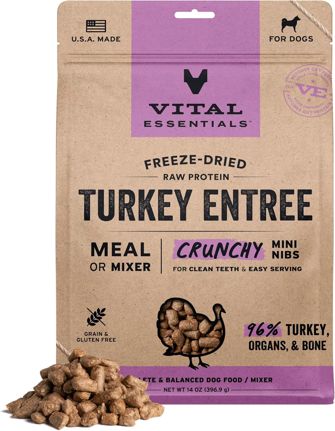 Powerful Vital Essentials ze-Dried Raw Turkey Meal or Mixer Dog Food Crunchy Mini Nibs 14 oz Natural