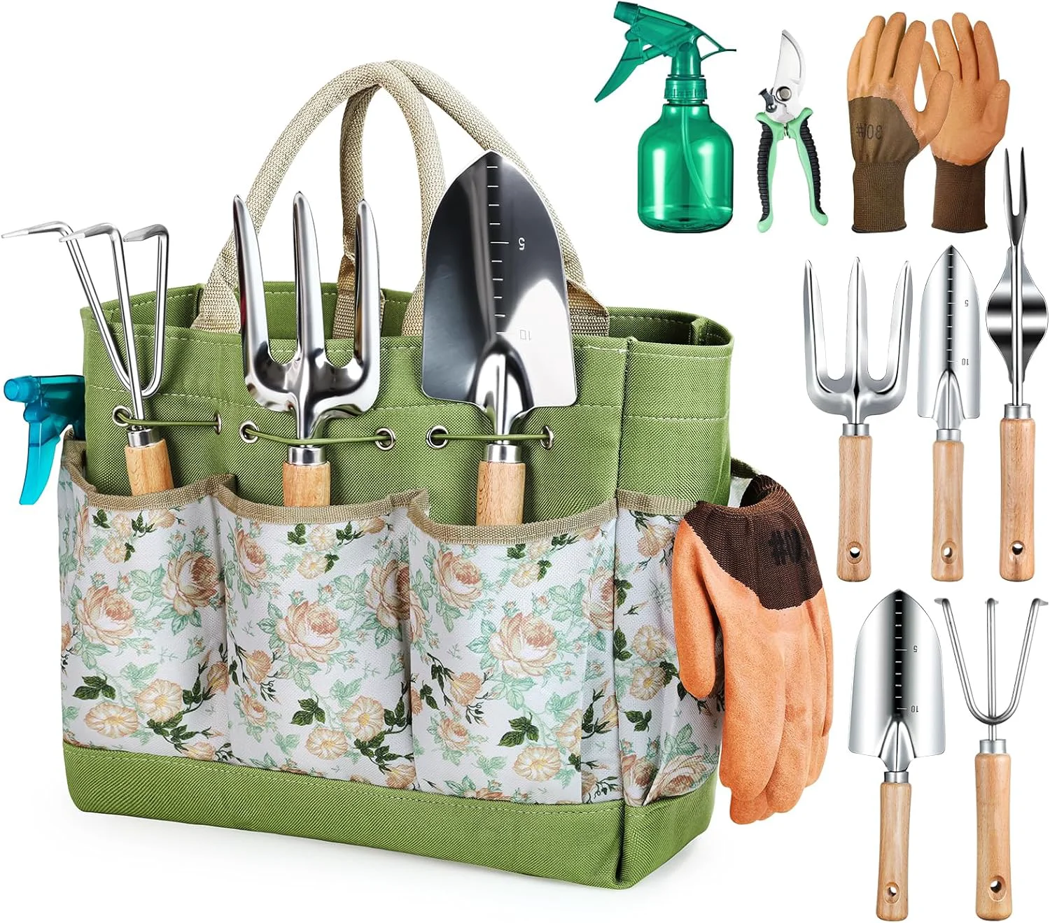 Verified Gardening Tools 9-Piece Heavy Duty Gardening Hand Tools with Fashion and Durable Garden Tools Organizer Handbag Rust-Proof Garden Tool Set I Gardening Gifts for Women Elegant