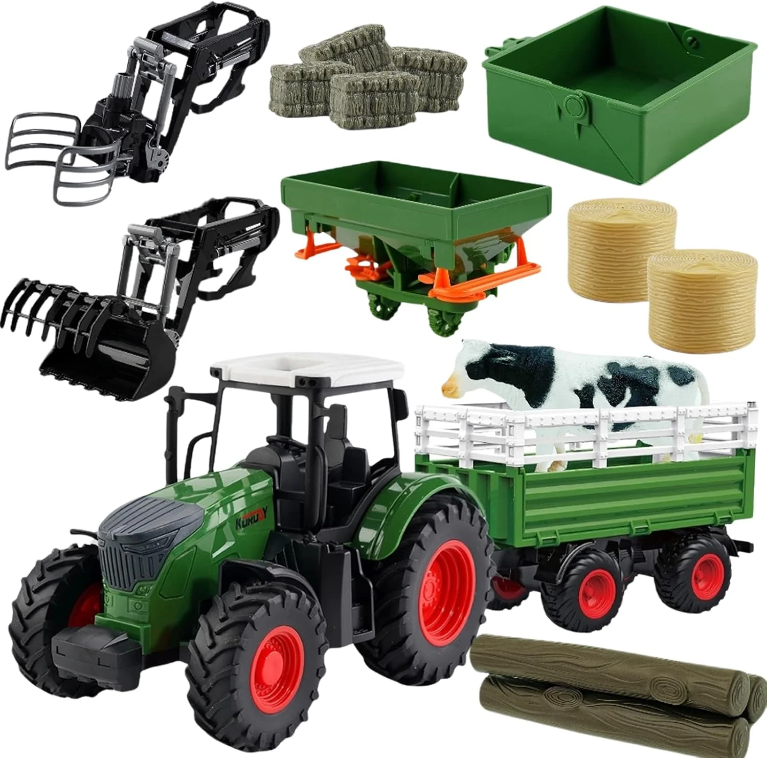 Efficient Farm Toys Tractor with Trailer-16.5 Inches Tractor Playset 1 24 Scale Gripper Frontloader Spreader for Boys Kids Toddlers Age 3-7 Years Old Versatile
