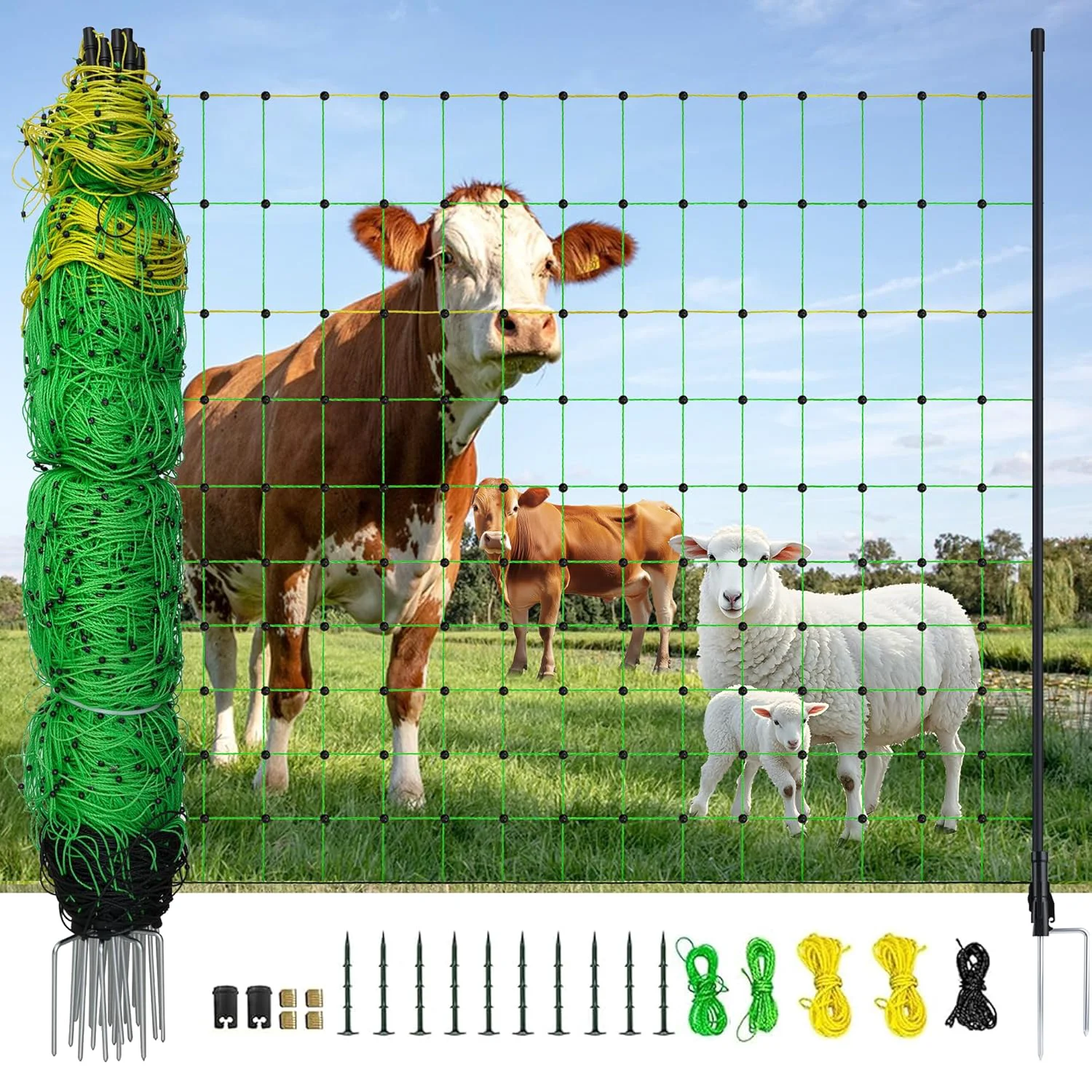 Luxury Electric Fence Netting 164'L x 47.2 H Electric Chicken Fence Kit for Livestock Farms Backyards Garden Assembled Double Spiked Portable Electric Poultry Farm Fence Secure