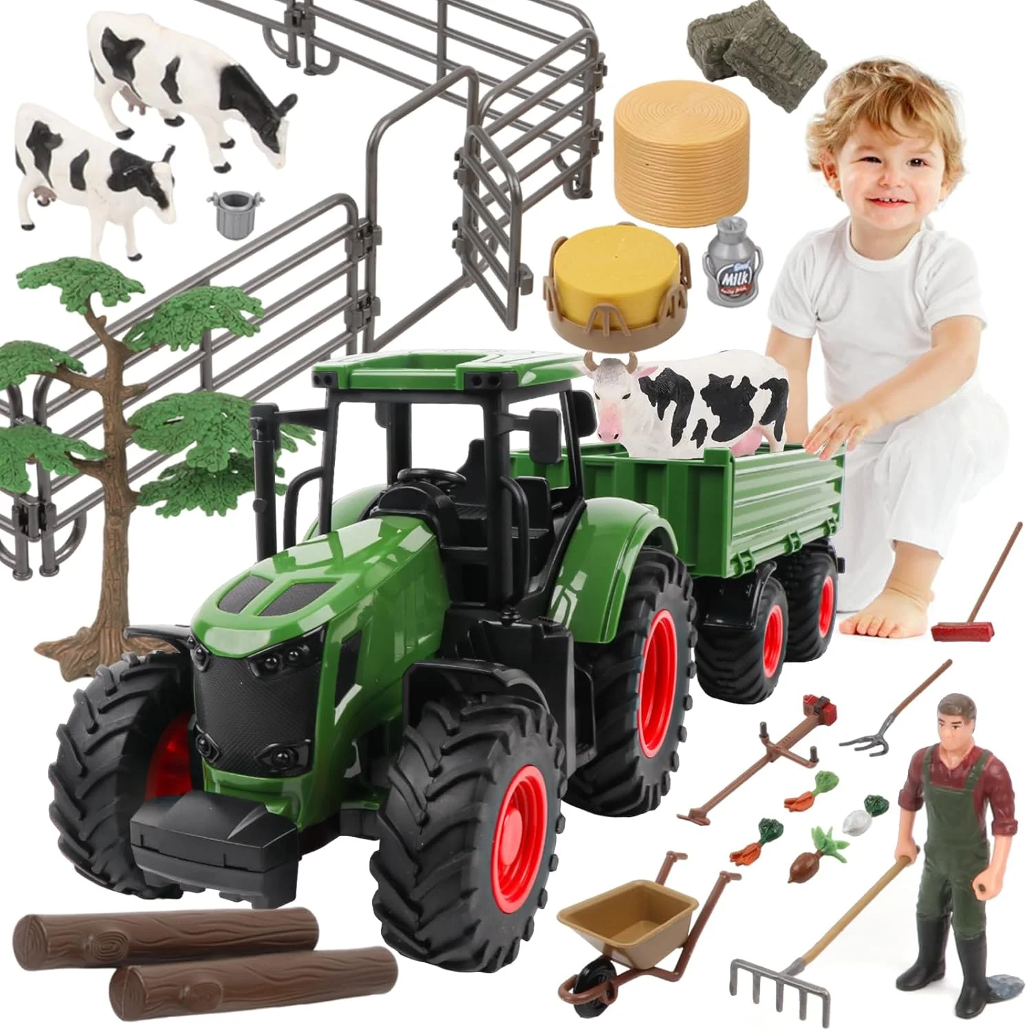 Original Farm Animal Tractor Toys Playset-16.5 Inches Tractor with Trailer Fence Farmer Tree Cow Farm Toy Set for Boys Girls Kids Toddlers Age 3-7 Years Old Versatile