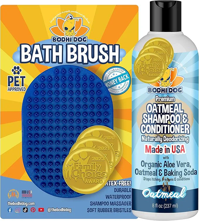 First-Class Bodhi Dog Shampoo Brush Oatmeal Shampoo and Conditioner Bundle - Grooming Essentials for Pets Short Hair Scrubber Soothes and Moisturizes Dry Itchy Skin - Hydrates NourishesAbout ThisOverview Solid