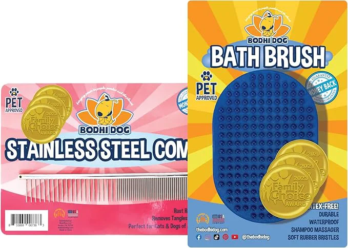Carefully Designed Bodhi Dog Stainless Steel Comb Shampoo Brush - Bath Shower Supplies for Dogs Cats - Removes Shedding Mats Tangles - Pet Grooming Scrubber Bundle Blue About ThisOverview Safe