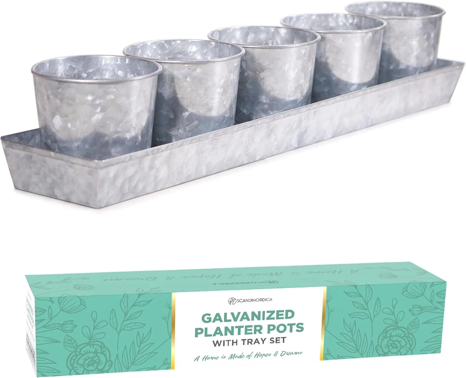 Efficient SCANDINORDICA Galvanized Metal Herb Planter 5 Pots with Drainage Holes Indoor Outdoor Use Farmhouse Decor 19.5x3.9x3.5 inches Certified
