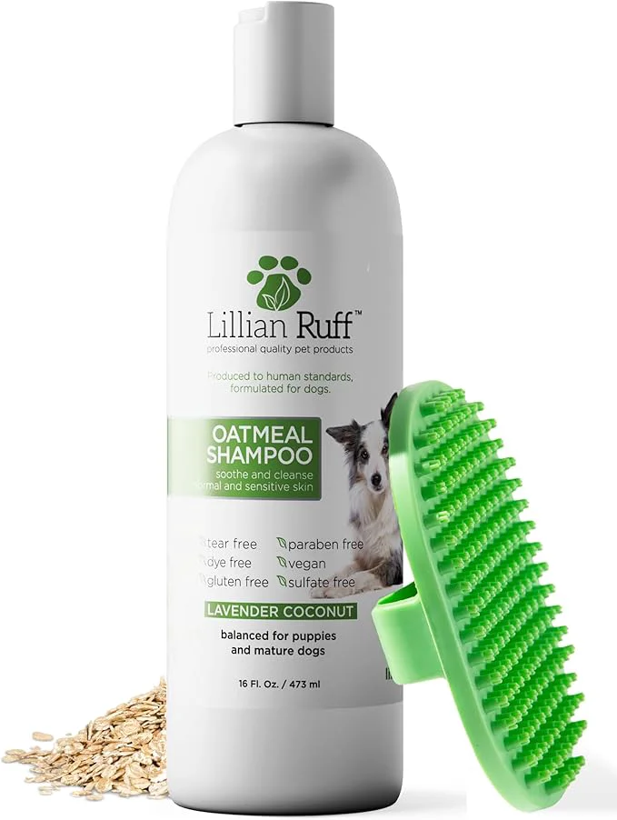 Premium Lillian Ruff PRO Formula Deodorizing Oatmeal Dog Shampoo - Calms Itching Allergies Ultra-Nourishing Dry Skin Relief - Oatmeal Aloe Coconut Oil Lavender Provitamin B5 - Made in USA 16oz BrushAbout ThisOverview Eco-Friendly