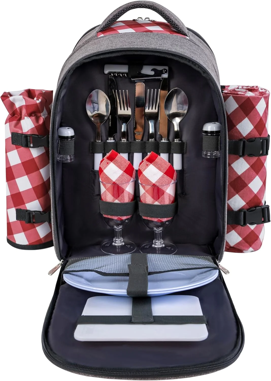 Secure apollo walker Picnic Backpack Bag with Cooler Compartment Detachable Bottle Wine Holder Fleece Blanket Plates and Cutlery Set 2 Person Gray Sustainable
