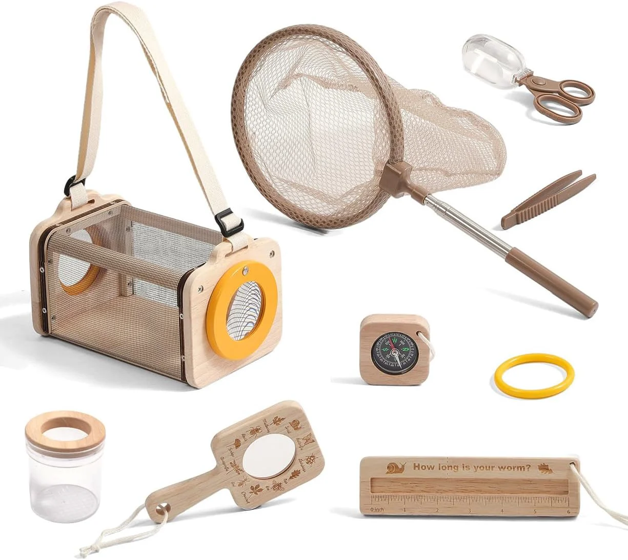 Fashionable Wooden Bug Catcher for Kids 8-in-1 Insect Exploration Set with Butterfly Net Magnifying Glass Bug Habitat Tweezers Compass Outside Toys for Toddlers Excellent