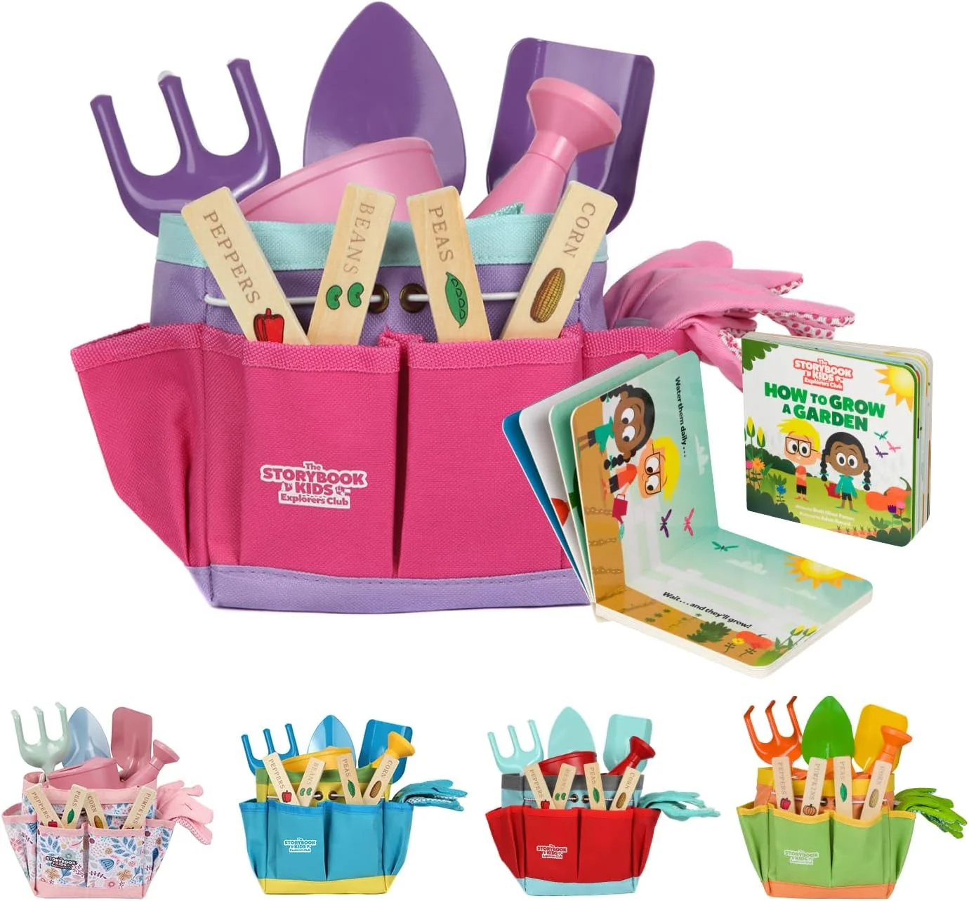 Soft Pink Kids Gardening Tools - includes Sturdy Tote Bag Watering Can Gloves Shovels Garden Stakes and a Delightful Children's Book How to Garden Tale - Kids Garden Tool set for toddler age on up. Durable