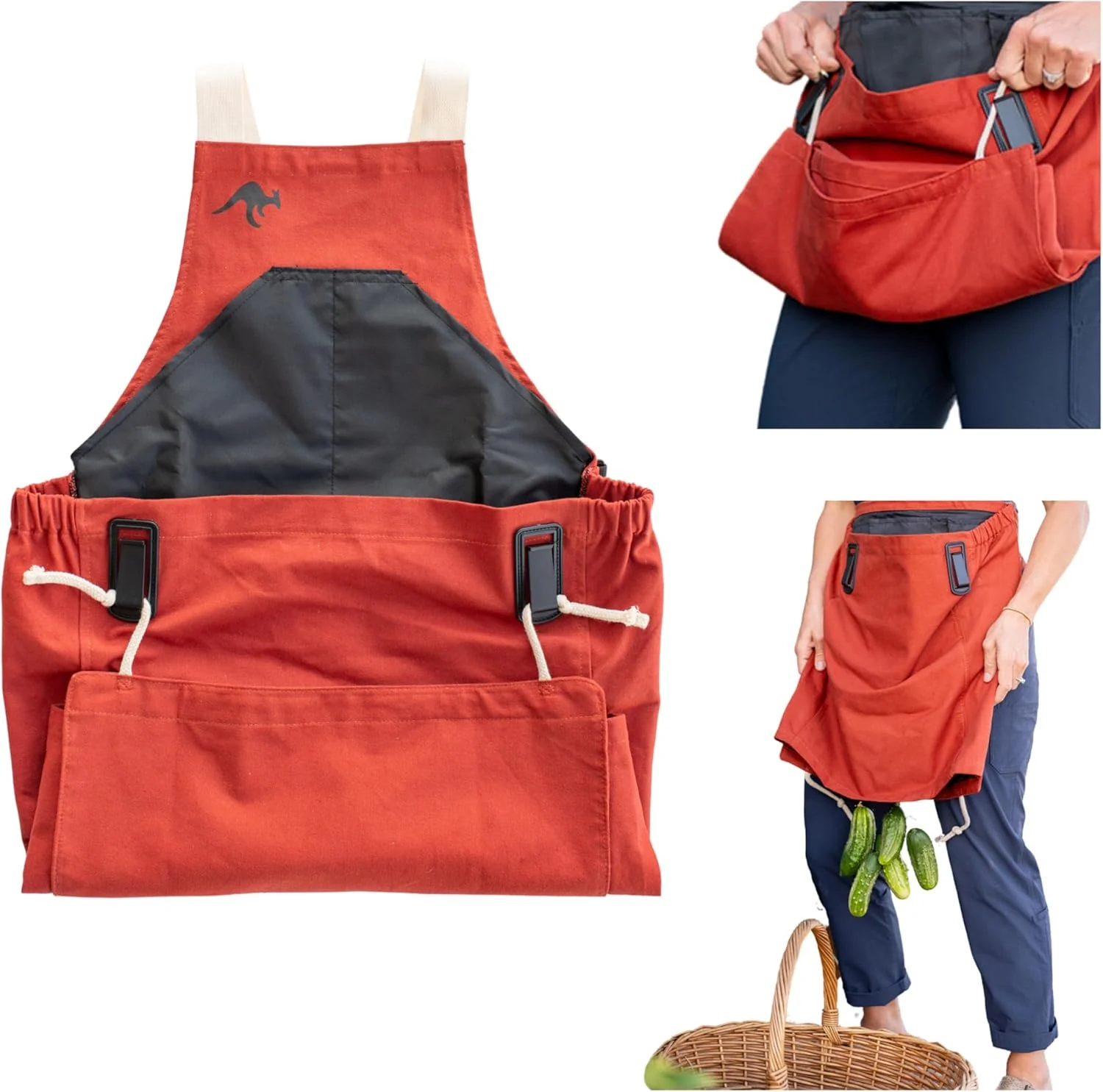 Powerful Roo Gardening Apron with Pockets Harvesting Picking Pouch - Adjustable Water-resistant Washable Canvas Cotton Organic