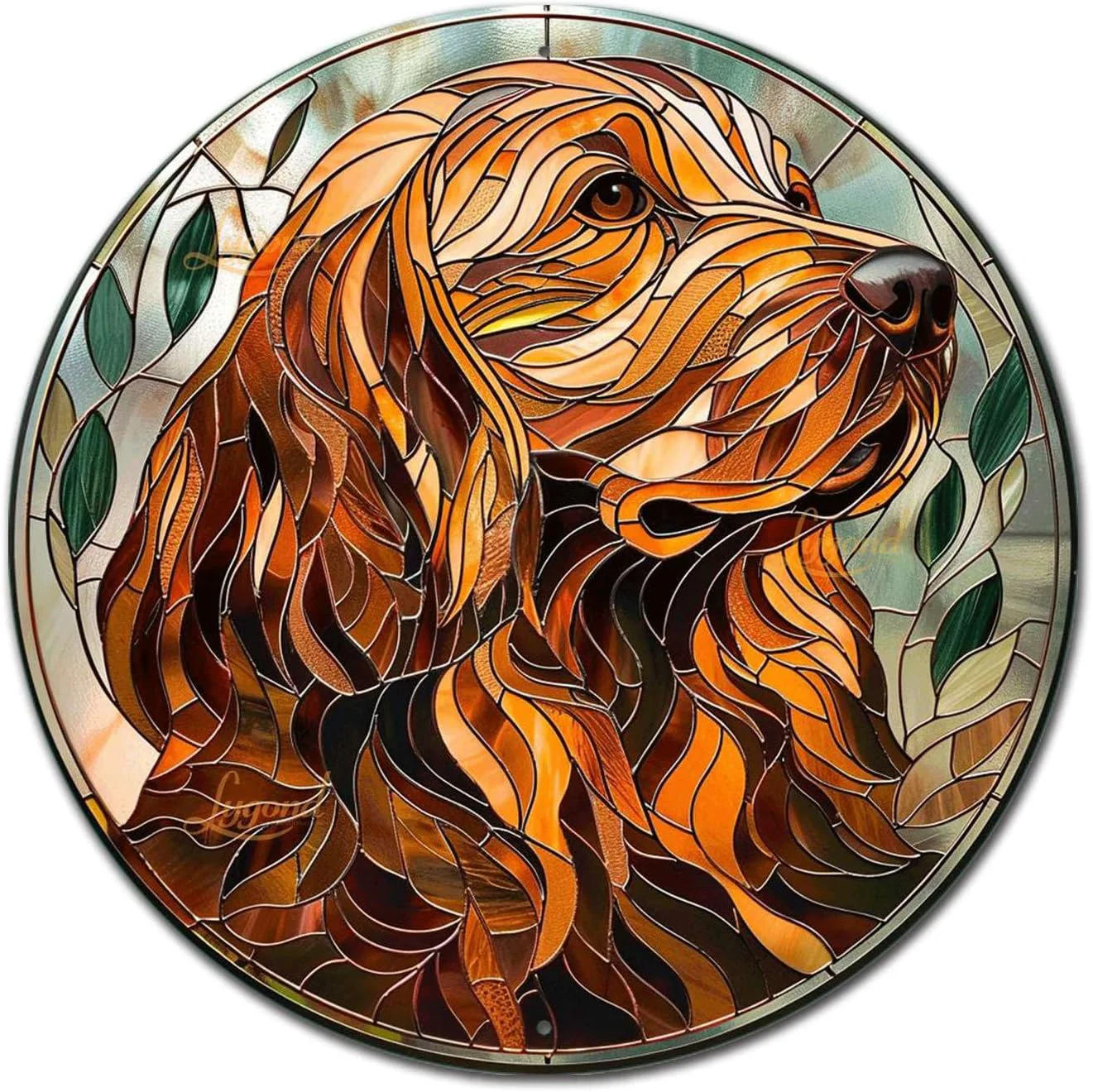 Casual Lygond Metal Sign Tin Sign Circular Stained Glass Dog Funny Gardening Gift for Patio 12×12 Inches Outstanding