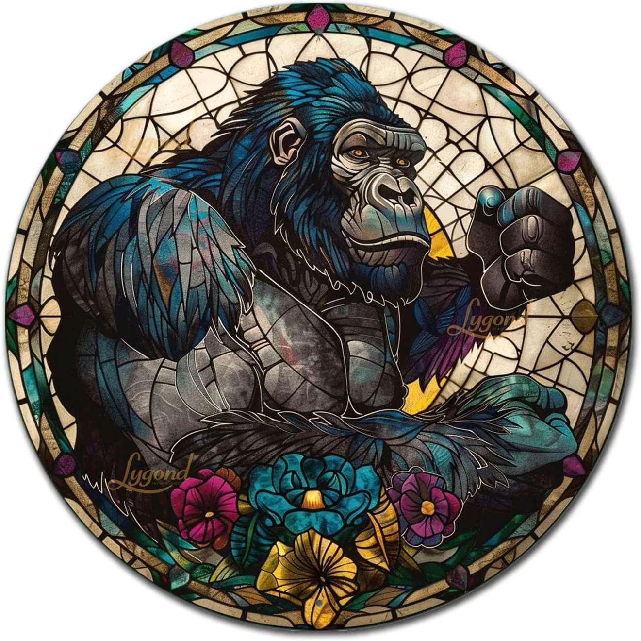 Versatile Lygond Metal Sign Tin Sign Circular Stained Glass Gorilla Wall Art for Club 12×12 Inches Organic