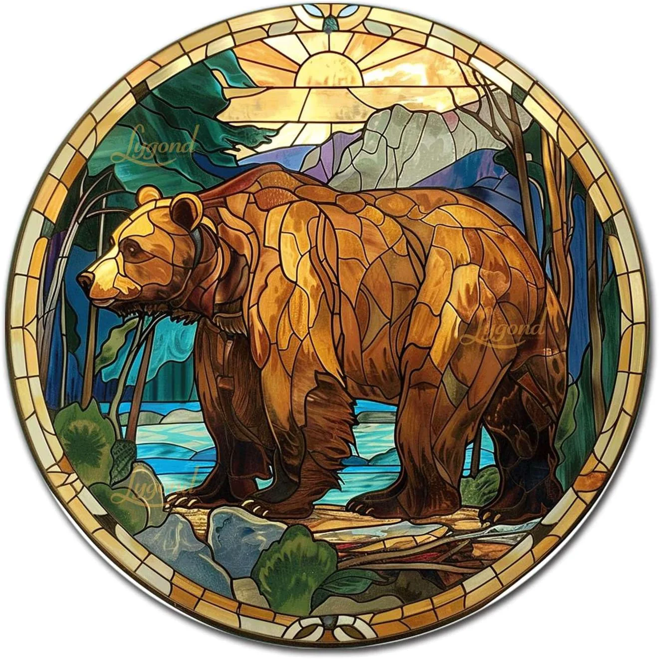 Genuine Lygond Metal Sign Tin Sign Circular Stained Glass Bear Home Decor for Patio 12×12 Inches Contemporary