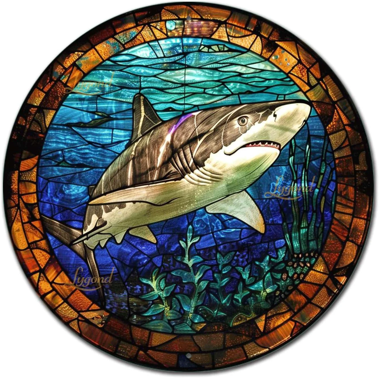Breathable Lygond Metal Sign Tin Sign Circular Stained Glass Shark Vintage Decor For Club 12×12 Inches World-Class