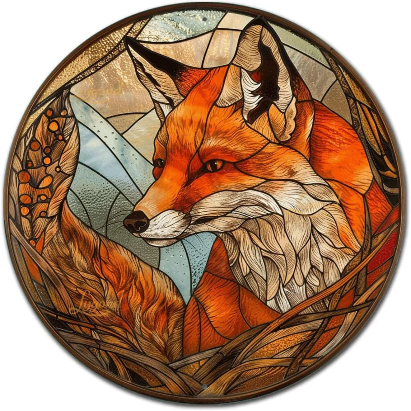 First-Class Lygond Metal Sign Tin Sign Circular Stained Glass Fox Minimalist Wall Art for Pub 12×12 Inches Convenient
